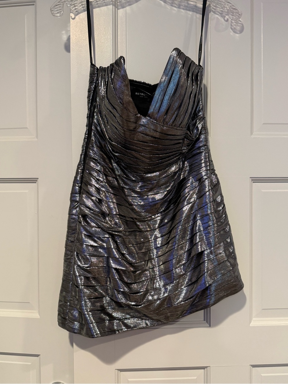 Retrofete Metallic Silver-Black Ruched Mini Dress